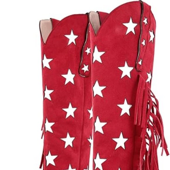Cowgirl Boots Stars Block Heels Fringed Pull On Faux Suede Under the Knee-RED - Picture 4 of 6